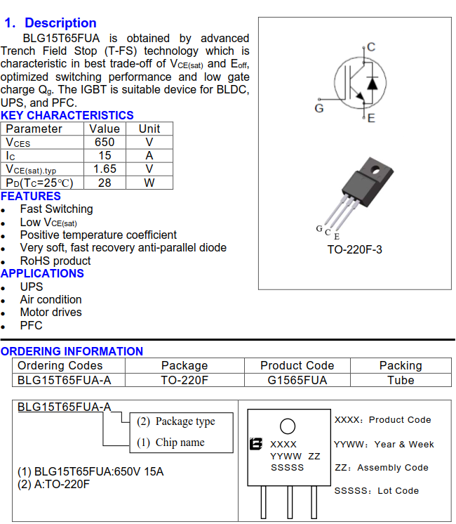 上海貝嶺BLG15T65FUA絕緣柵雙極晶體管（IGBTs）規(guī)格書(shū)